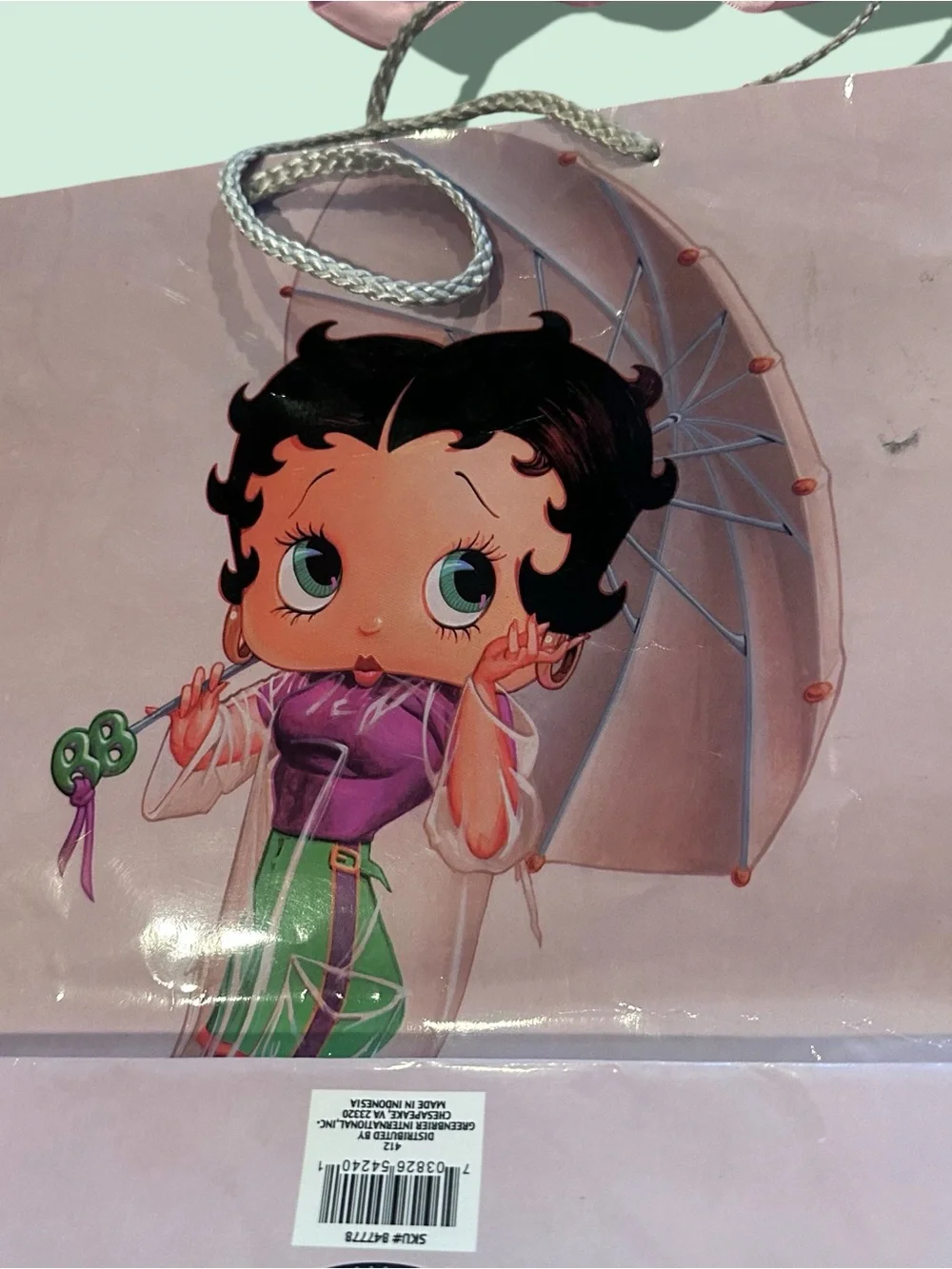 Vintage 2004 Pink Betty Boop Rain Go Away Graphic Gift Bag with Ribbon Handles